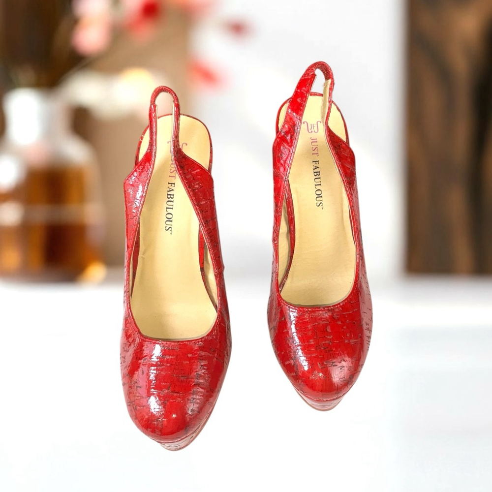 Just Fabulous Red/Black Worn Textured Slingback Look Platform Stilettos Women 7 - Picture 4 of 9